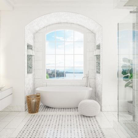 Bathroom Remodeling (2) A white bathroom with a large window and a tub.